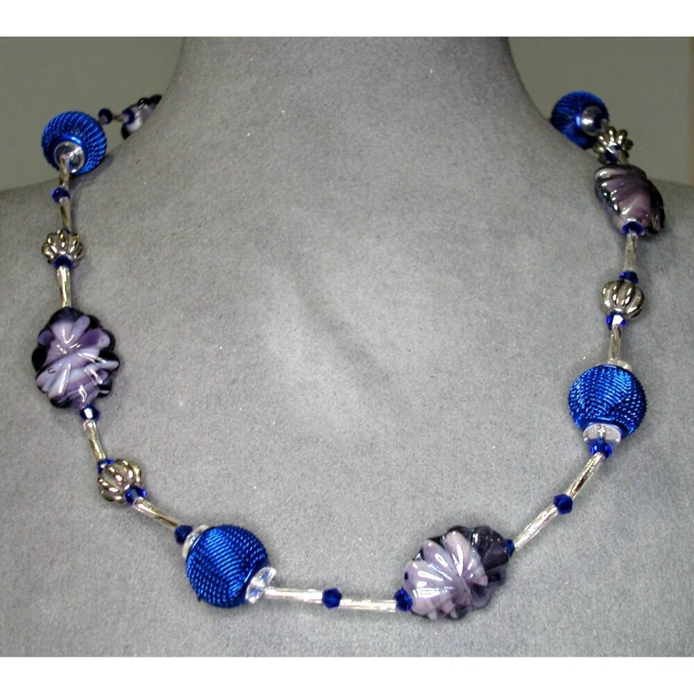 Necklace Handmade 28" Beaded Blue & Purple Floral Glass & Mesh Beads